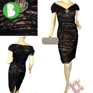 JOVANI BLACK LACE & BLUSH SATIN OFF-THE-SHOULDER COCKTAIL DRESS NWT (6)